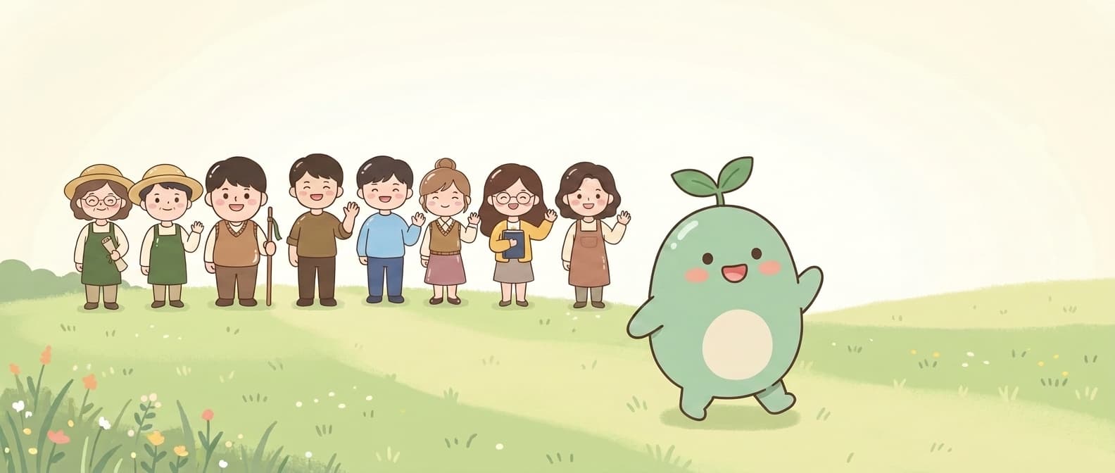 조금 앞서 걸어 나가는 새싹이와, 뒤에 서서 손을 내리고 웃으며 그 모습을 배웅하는 어른 여덟 명